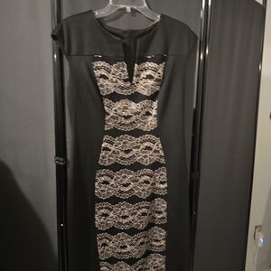 Connected Apparel Black and Cream Lace Midi Dress